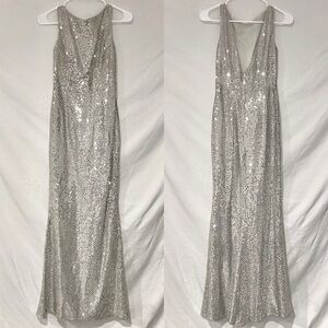 Michaelangelo Silver Sequin Prom Formal Gown High Neck Deep V Back Y2K Vintage